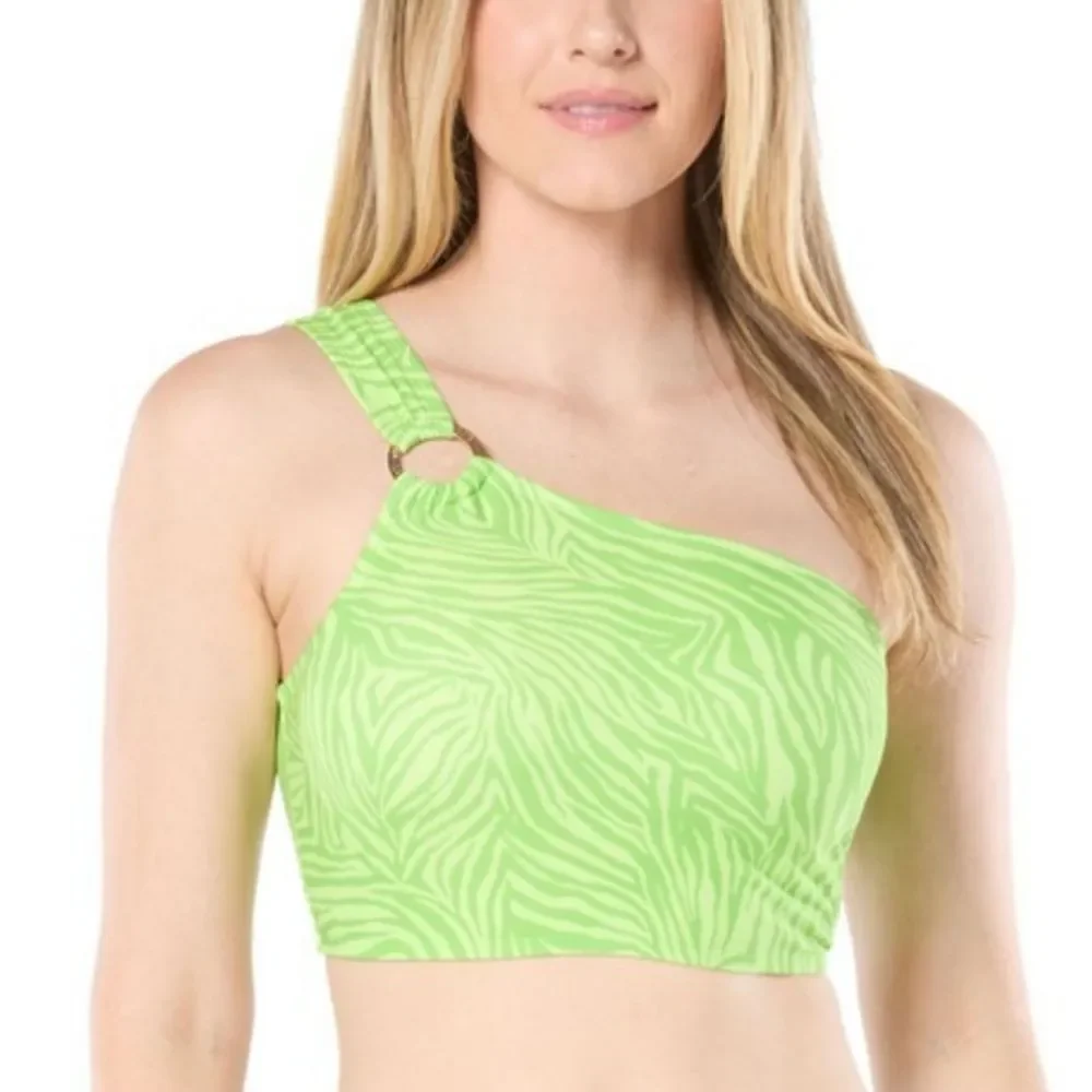 MICHAEL Michael Kors Zebra Print One-Shoulder Bikini Top Color Green Size XS